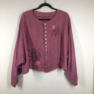 Blue Fish Clothing Linen Button Front Blouse Top Cardigan Pink Hand Painted 2